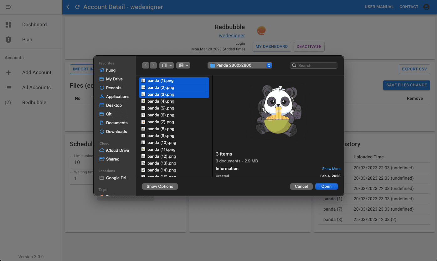 Import designs to auto upload to Redbubble